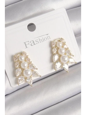 Pirinç Gold Renk Zirkon Taşlı Yaprak Model İnci Detay Kadın Küpe