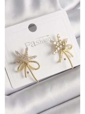 Pirinç Gold Renk Zirkon Taşlı Yıldız Düğüm Model Kadın Küpe