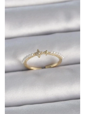 Pirinç Gold Renk Zirkon Taşlı Yıldız Sıralı İncili Ayarlanabilir Model Kadın Yüzük