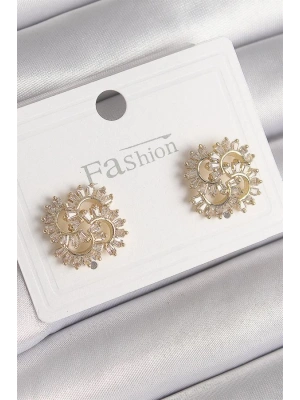 Pirinç Gold Renk Zirkon Taşlı Yonca Model Kadın Küpe