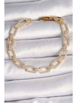 Pirinç Gold Renk Zirkon Taşlı Zincir Model VIP Seri Kadın Bileklik
