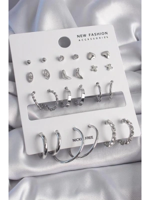 Pirinç Gümüş Renk 12 Çift Kadın Küpe Seti