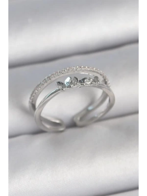 Pirinç Gümüş Renk 2Li Zirkon Taş Detaylı Kelebek Figür Ayarlanabilir Model Kadın Yüzük