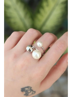Pirinç Gümüş Renk Ayarlanabilir İnci Taşlı Yüzük