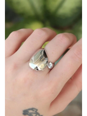 Pirinç Gümüş Renk Ayarlanabilir İri Bombeli Yüzük