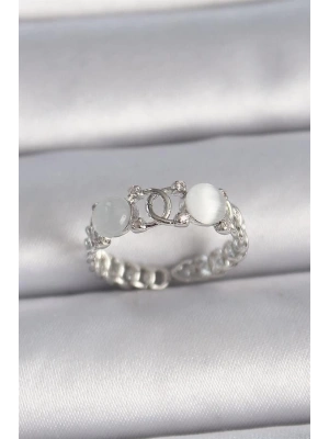 Pirinç Gümüş Renk Ayarlanabilir Zirkon Taşlı Beyaz Mineli Birleşik Halka Model Kadın Yüzük