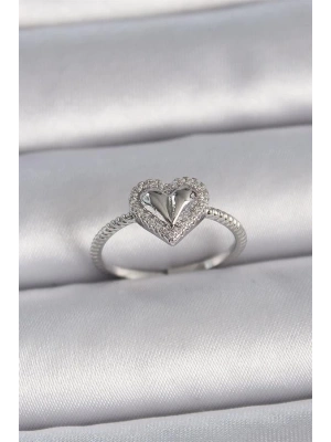 Pirinç Gümüş Renk Ayarlanabilir Zirkon Taşlı Kalp Model Kadın Yüzük