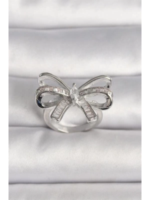 Pirinç Gümüş Renk Ayarlanabilir Zirkon Taşlı Kurdele Model Kadın Yüzük