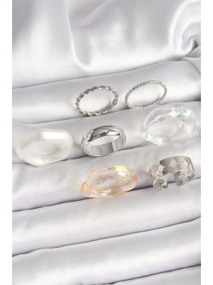 Pirinç Gümüş Renk Beyaz Akrilik Plastik Model Kutup Yıldız İşleme Detaylı Kadın Yüzük Kombini