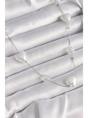 Pirinç Gümüş Renk Beyaz İnci Kalp Model Kadın Kolye