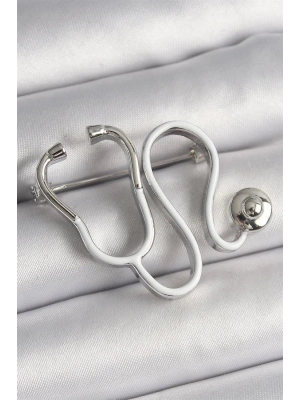 Pirinç Gümüş Renk Beyaz Steteskop Model Kadın Broş