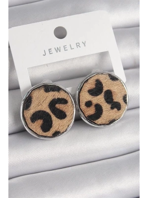 Pirinç Gümüş Renk Daire Plaka Model Leopar Desenli Kadın Küpe