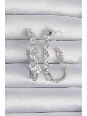 Pirinç Gümüş Renk Damla Zirkon Taş Tasarımlı Küpe