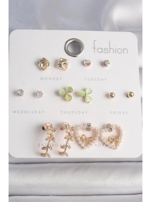 Pirinç Gümüş Renk İncili Kalp Figür Kurdela Detay 7 Çift Kadın Küpe Seti