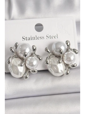 Pirinç Gümüş Renk İncili Tomurcuk Model Kadın Küpe