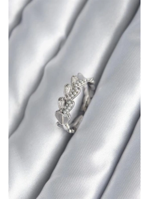 Pirinç Gümüş Renk Kalp Model İnci Detay Kadın Yüzük