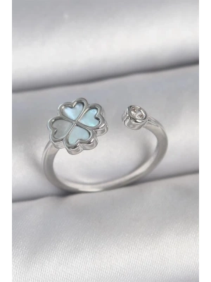 Pirinç Gümüş Renk Mavi Mineli Yonca Model Zirkon Taş Detay Ayarlanabilir Kadın Yüzük