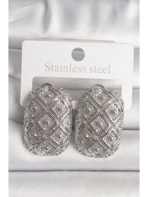 Pirinç Gümüş Renk Motif İşlemeli Kadın Küpe