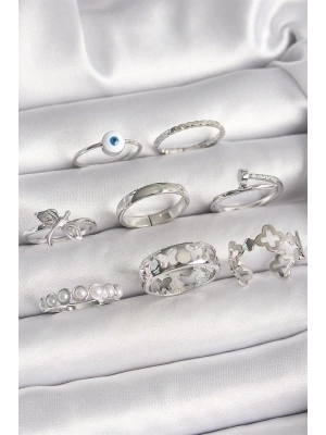 Pirinç Gümüş Renk Nazar Boncuk Detay İncili Kelebek İşlemeli Kadın Yüzük Kombini