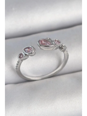 Pirinç Gümüş Renk Pembe Damla Zirkon Taşlı Ayarlanabilir Model Kadın Yüzük