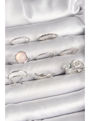 Pirinç Gümüş Renk Pembe Mineli Kemer Düğüm Figür Kadın Yüzük Kombini