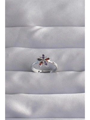 Pirinç Gümüş Renk Renkli Zirkon Taşlı Ayarlamalı Yüzük