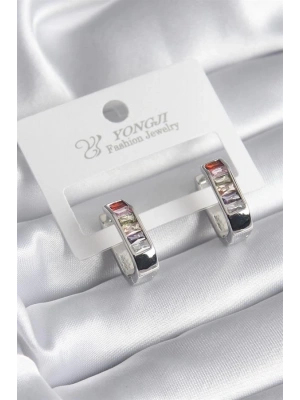 Pirinç Gümüş Renk Renkli Zirkon Taşlı Kadın Küpe