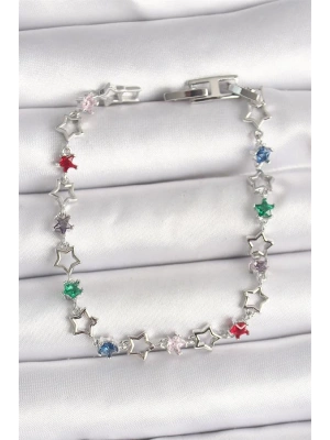 Pirinç Gümüş Renk Renkli Zirkon Taşlı Yıldız Model Kadın Bileklik
