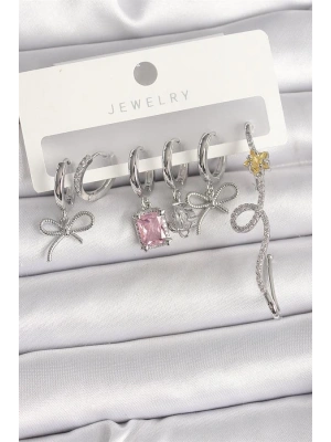 Pirinç Gümüş Renk Sallantı Kurdele Kuyruklu Yıldız Figür Pembe Kare Zirkon Taş Detay Kadın Küpe Seti