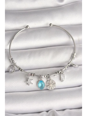 Pirinç Gümüş Renk Sallantı Pusula Figür Kalp Detay Charm Kadın Bileklik