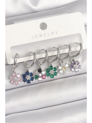 Pirinç Gümüş Renk Sallantı Renkli Zirkon Taşlı Çiçek Model Kadın Küpe Seti