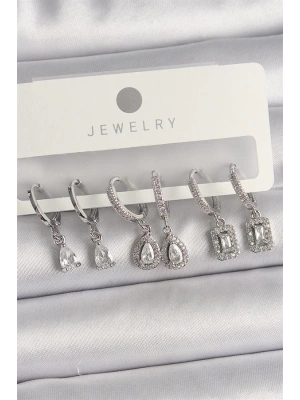 Pirinç Gümüş Renk Sallantı Zirkon Taşlı Damla Model Kadın Küpe Seti