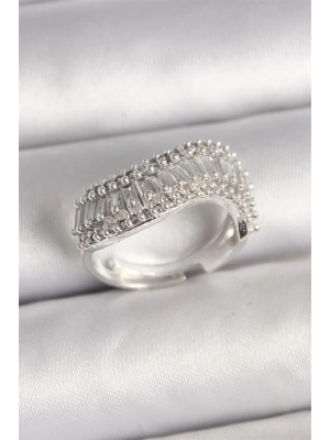 Pirinç Gümüş Renk Su Yolu Zirkon Dalga Model Ayarlanabilir Kadın Yüzük