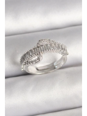 Pirinç Gümüş Renk Su Yolu Zirkon Taşlı Ayarlanabilir Model Kadın Yüzük