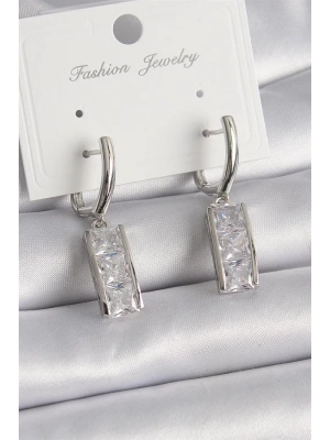 Pirinç Gümüş Renk Su Yolu Zirkon Taşlı Halka Model Kadın Küpe