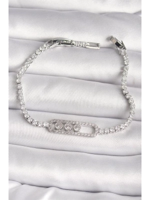 Pirinç Gümüş Renk Su Yolu Zirkon Taşlı Messika Model Kadın Bileklik