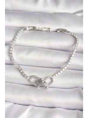 Pirinç Gümüş Renk Su Yolu Zirkon Taşlı Model Kadın Bileklik