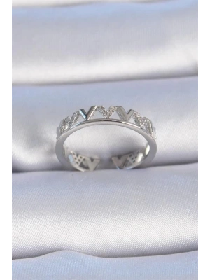 Pirinç Gümüş Renk V Model Zirkon Taşlı Kadın Yüzük