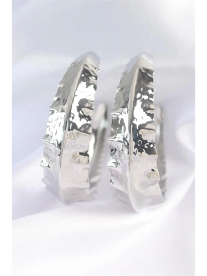 Pirinç Gümüş Renk Yaprak Desenli Halka Küpe