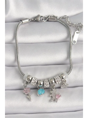 Pirinç Gümüş Renk Zincir Sallantı Zirkon Taşlı Ayıcık Figür Çiçek Detay Kadın Bileklik