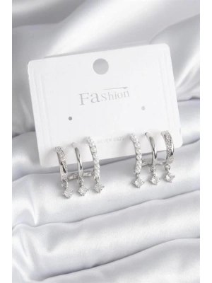 Pirinç Gümüş Renk Zirkon Taş Detay İncili Kadın Küpe