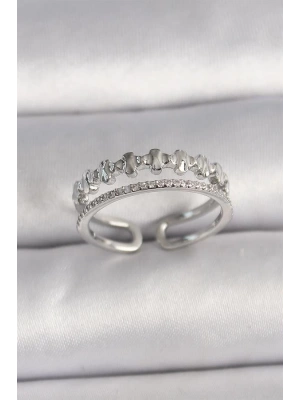 Pirinç Gümüş Renk Zirkon Taş Detaylı Ayarlanabilir Kadın Yüzük