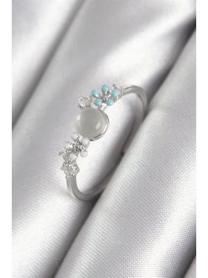 Pirinç Gümüş Renk Zirkon Taş Detaylı Beyaz Sedefli Çiçek Model Kadın Yüzük