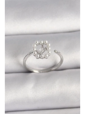 Pirinç Gümüş Renk Zirkon Taş Detaylı İncili Ayarlanabilir Yüzük