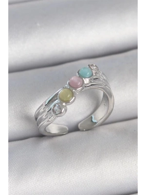 Pirinç Gümüş Renk Zirkon Taş Detaylı Renkli Mineli Ayarlanabilir Kadın Yüzük