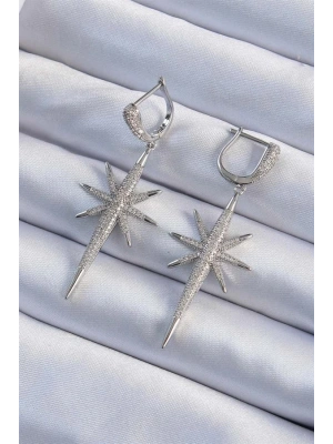 Pirinç Gümüş Renk Zirkon Taş Kaplama Kutup Yıldızı Tasarımlı Kadın Küpe