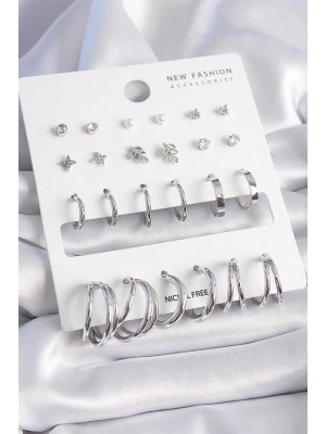 Pirinç Gümüş Renk Zirkon Taşlı 12 Çift Küpe Seti