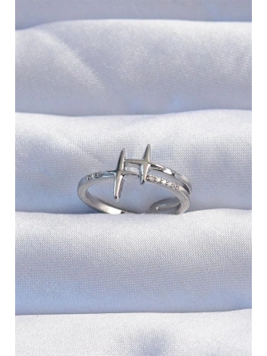 Pirinç Gümüş Renk Zirkon Taşlı 2li Görünüm Ayarlanabilir Yıldız Model Yüzük