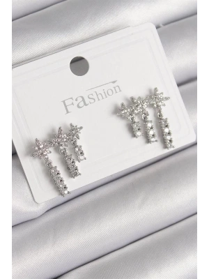 Pirinç Gümüş Renk Zirkon Taşlı 3Lü Sallantı Yıldız Model Kadın Küpe