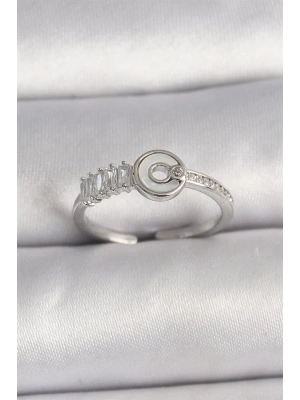 Pirinç Gümüş Renk Zirkon Taşlı Ayarlanabilir Kadın Yüzük